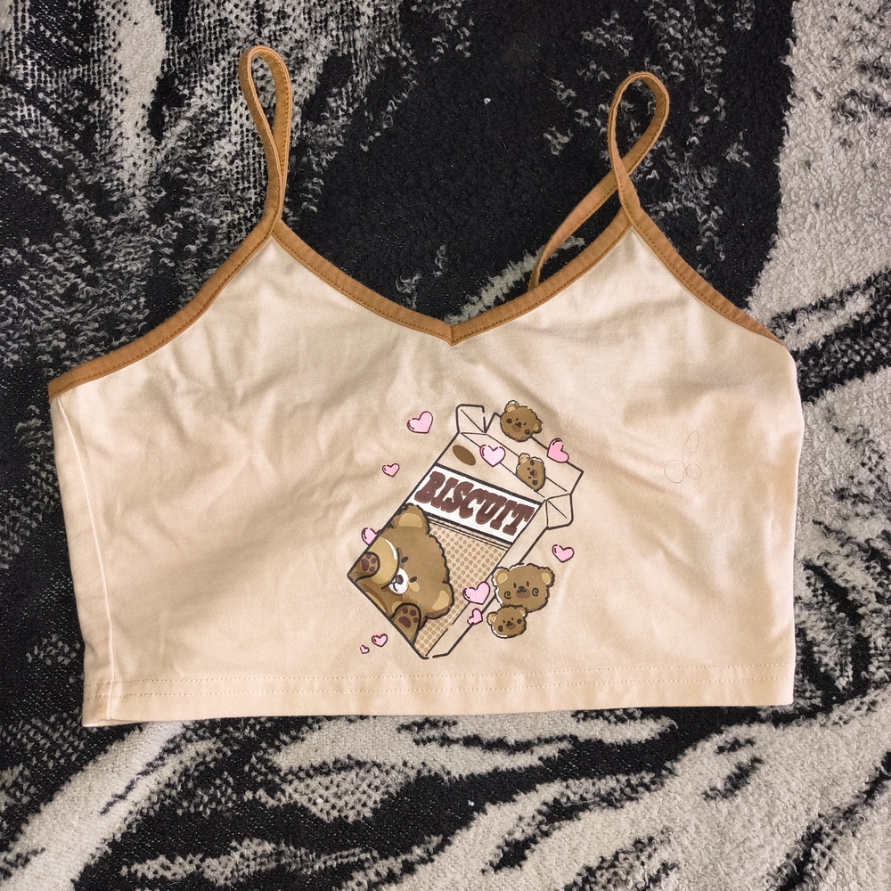 Cute Bear Print Women's Crop Top - Tan